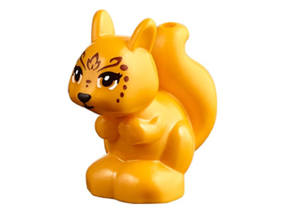 Bright orange LEGO squirrel figure, Elves Miss Spry, with black eyes, eyelashes, nose, mouth, and reddish-brown face patterns.