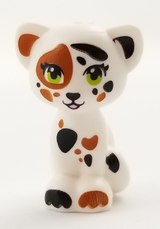 White LEGO Friends cat figurine, sitting, with lime eyes, eyelashes, black & dark orange ears, patches & paw prints.