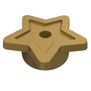 A 3D rendering of a tan LEGO 11609 Plate, Round 1 x 1 with Star and Small Pin Hole. The star is raised with a central pin hole.