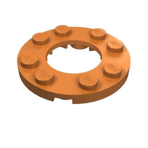 An orange LEGO 11833 Plate, Round 4 x 4 with 2 x 2 Round Open Center, viewed from a slight angle.