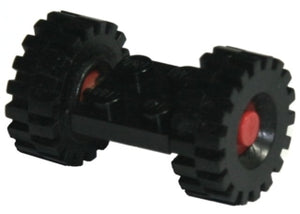 Black LEGO 2x2 modified plate with red axles and two black wheels with medium offset tread tires.