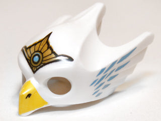 White LEGO minifigure bird mask with yellow beak, gold tiara, and medium blue feather pattern.