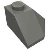 Dark gray LEGO 13548 Wedge 2 x 2 (Slope 45 Corner) brick, showing the 45-degree slope and a single stud with the LEGO logo.