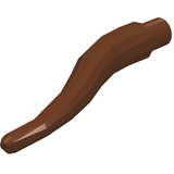 Brown LEGO Cattle Horn, Long, with a rounded tip and a cylindrical base connector, against a white background.