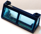 Dark blue LEGO train windscreen 2x6x2 with two trans-light blue glass panes, showing studs on top.