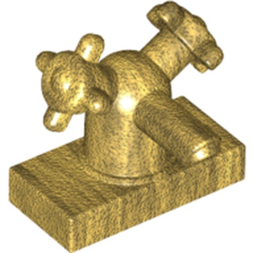 Textured golden LEGO sink faucet 1x2 with dual round handles and one spigot on a rectangular base.