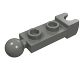 Dark gray LEGO 1x2 plate, modified with a ball joint on one end and a small tow ball socket on the other, with two studs.
