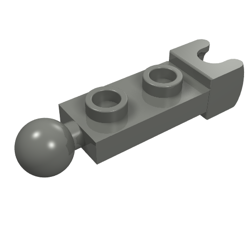 Dark gray LEGO 1x2 plate, modified with a ball joint on one end and a small tow ball socket on the other, with two studs.
