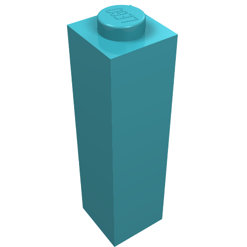 Turquoise LEGO 1x1x3 brick, part 14716, standing upright. The LEGO logo is visible on the single top stud.