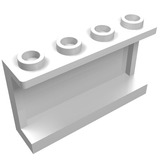 A white LEGO Panel 1 x 4 x 2 with side supports and four hollow studs, viewed at an angle on a white background.