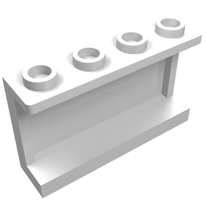 A white LEGO Panel 1 x 4 x 2 with side supports and four hollow studs, viewed at an angle on a white background.