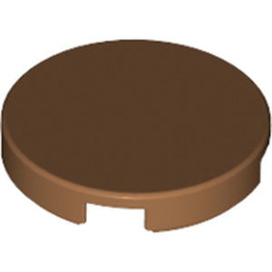 Dark brown LEGO 14769 Tile, Round 2x2 with bottom stud holder, seen from an angle on a white background.