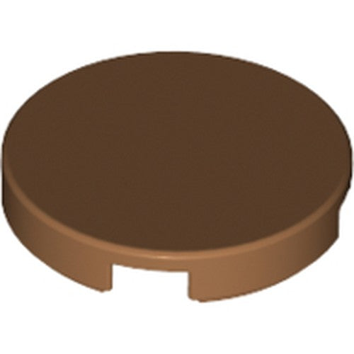 Dark brown LEGO 14769 Tile, Round 2x2 with bottom stud holder, seen from an angle on a white background.