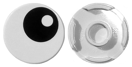 Front and back view of a LEGO 14769pb004 round 2x2 white tile with a black eye and pupil pattern.