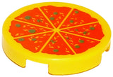 LEGO yellow round 2x2 tile with bottom stud holder, featuring a pizza pattern with red sauce, green toppings.