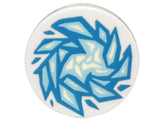 Round white LEGO 2x2 tile with a blue and bright light blue fractured ice pattern, swirling outwards from the center.