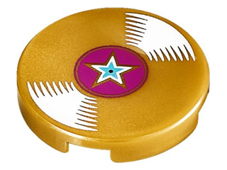 Gold LEGO 2x2 round tile with vinyl record pattern, featuring white grooves and a magenta center with a light blue star.