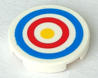 LEGO 14769pb086 Round 2x2 white tile with blue, red, and yellow archery target pattern on top, showing bottom stud holder.