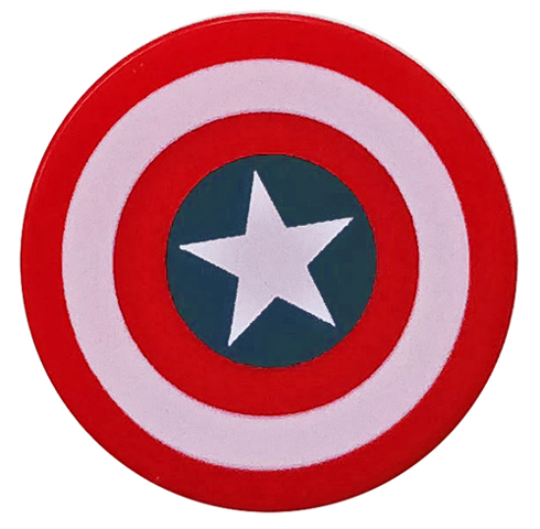 Round LEGO tile with Captain America shield pattern: red and white concentric rings, blue center with a white star.