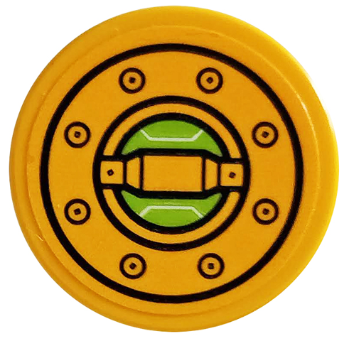 Round yellow LEGO 2x2 tile with a green and yellow filler cap pattern, detailed with black lines and small circles.