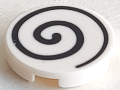 White LEGO 2x2 round tile with a black spiral pattern and bottom stud holder.