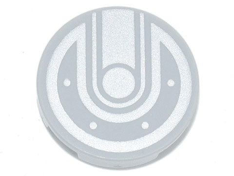Light grey LEGO Round 2x2 tile with silver lines and dots pattern, featuring a stylized U-shape and central circle.