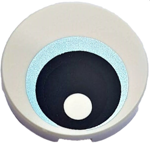 Round LEGO 2x2 tile featuring an eye pattern with a metallic light blue iris, black pupil, and white highlight on a light gray base.