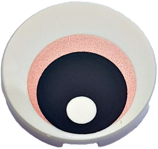 A LEGO round 2x2 tile (14769pb265) with an eye pattern: white sclera, copper glitter iris, black pupil, white highlight.