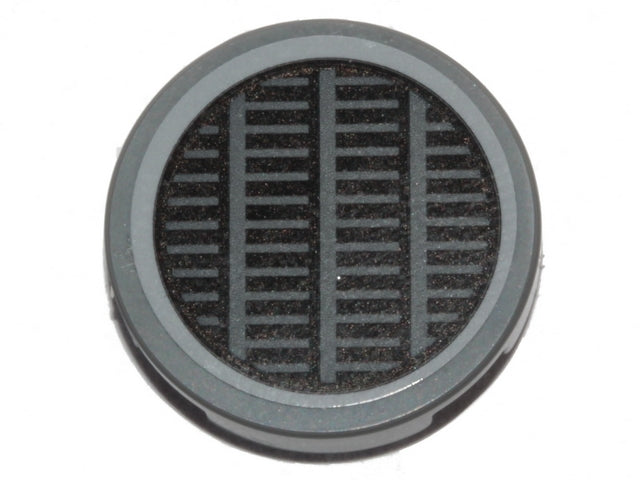 LEGO Round 2x2 tile, gray, with a black center featuring a Millennium Falcon grille pattern.