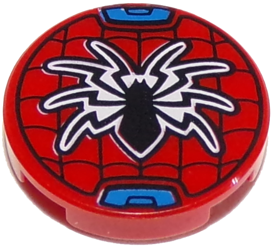 Red LEGO 2x2 round tile with bottom stud holder, featuring a black spider and web pattern.