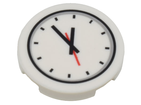 White round LEGO 2x2 tile with a clock face pattern, black hour markers, black hour/minute hands, and a red second hand.