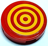 Red round LEGO 2x2 tile with 3 bright light orange concentric circles target pattern (sticker).