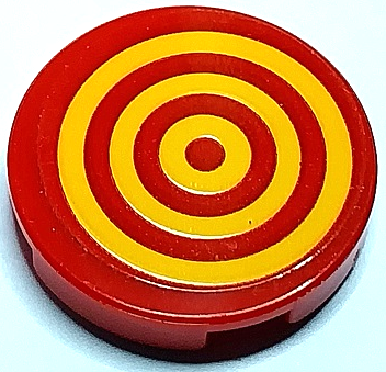 Red round LEGO 2x2 tile with 3 bright light orange concentric circles target pattern (sticker).