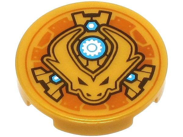 LEGO 14769pb656 round 2x2 gold tile with a printed dragon head, dark azure nuts, white gear, and mechanical background.