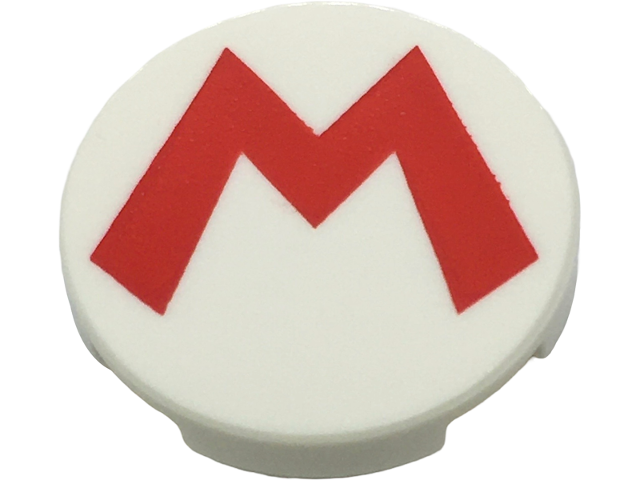 LEGO 2x2 round tile, white with a red Super Mario capital letter M logo pattern.