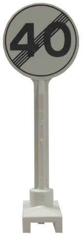 LEGO 14pb02 road sign, gray with black 'end of maximum speed 40' pattern, mounted on a gray pole with white base.