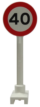 LEGO 14pb04 round road sign with a red border and white center, displaying the number 40, mounted on a white hexagonal post and base.