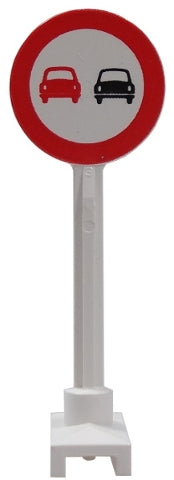 LEGO 14pb05 Road Sign Round with No Overtaking Pattern, featuring red and black cars on a white pole.
