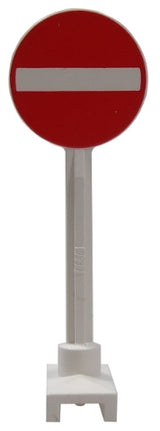 LEGO 14pb09 round red no entry road sign with white bar, on a white post and square base.