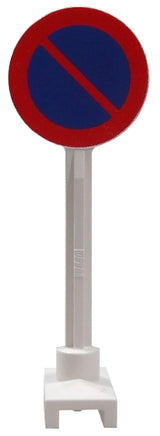 LEGO 14pb11 round road sign, red border, blue center with a red diagonal no parking line, on a white pole and base.