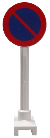 LEGO 14pb11 round road sign, red border, blue center with a red diagonal no parking line, on a white pole and base.