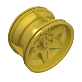 A gold LEGO Technic Racing Medium wheel, 56mm D. x 34mm, featuring a 5-spoke design and 6 pin holes.