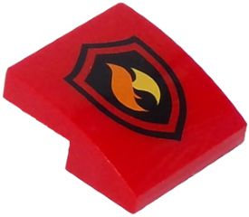 A red LEGO curved slope 2 x 2 x 2/3 piece with a black shield and orange and yellow fire logo pattern.