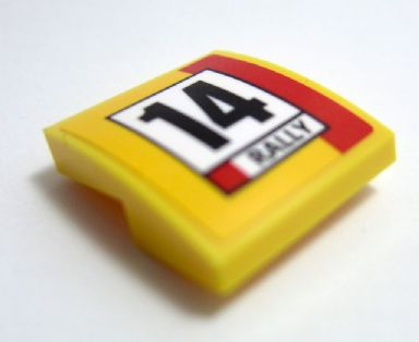 Yellow LEGO curved slope 2x2x2/3 piece with a white square featuring black number 14 and 'RALLY', plus a red stripe.