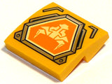 Yellow LEGO slope brick with bright light yellow bull head on orange hexagonal shield with silver border.