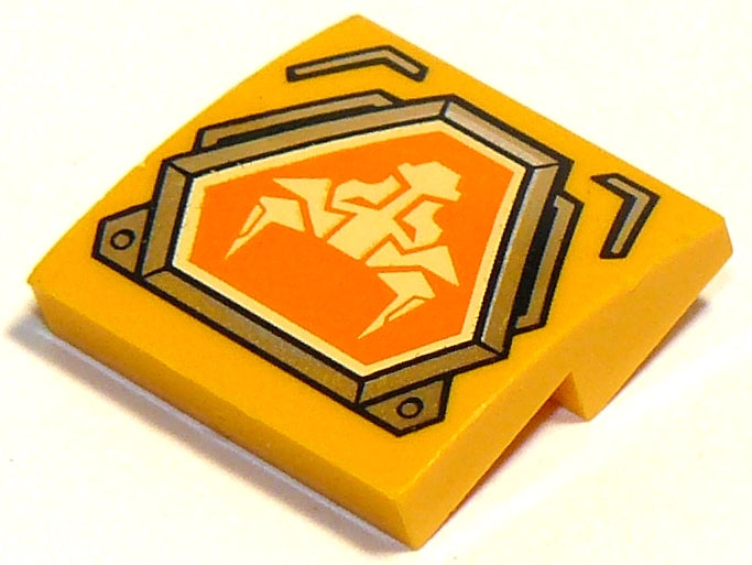 Yellow LEGO slope brick with bright light yellow bull head on orange hexagonal shield with silver border.