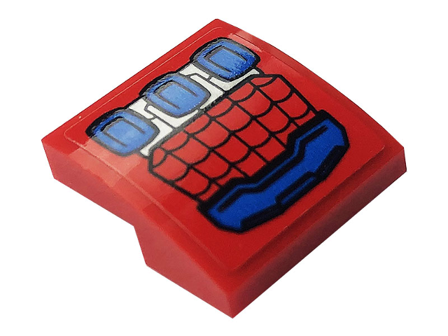 Red LEGO 2x2 curved slope brick printed with blue and silver Spider-Man mech hand armor and web pattern.