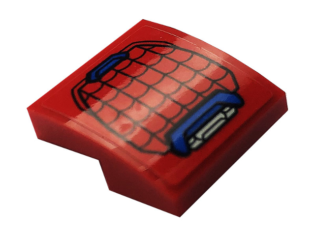 Red curved LEGO slope piece with blue and silver Spider-Man mech shoulder armor and black web pattern print.
