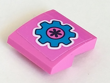 Pink LEGO 15068pb327 curved slope with a dark azure gear and black asterisk on a dark pink background pattern.