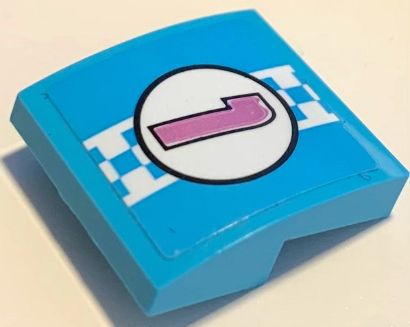 Bright light blue LEGO curved slope with a sticker featuring a medium lavender number 1 in a white circle and a checkered stripe.